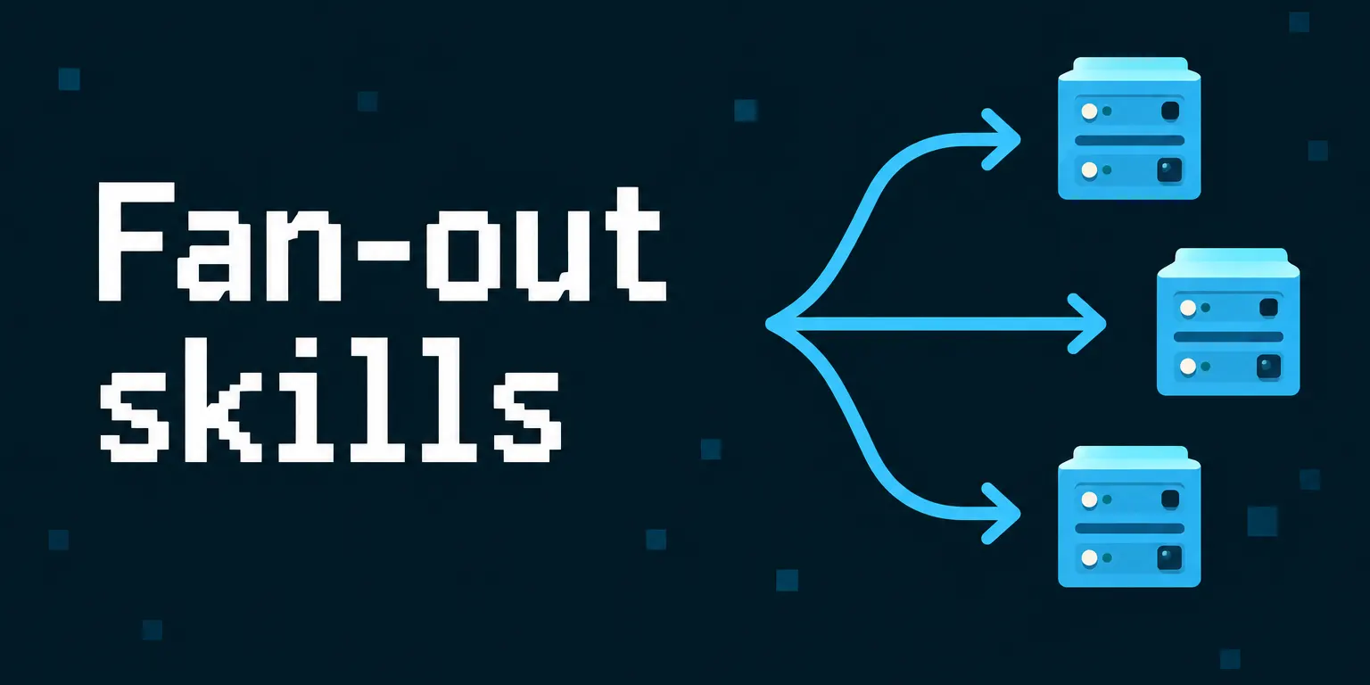 The Fan-out skills card: “Fan-out skills” in white pixel letters, and three light-blue arrows branching out to three server boxes.