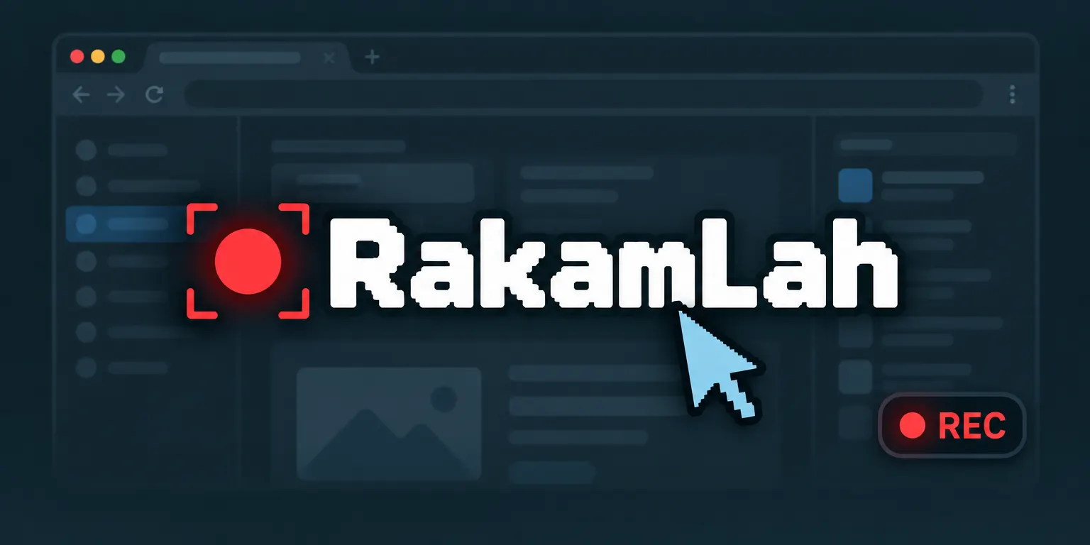 RakamLah’s card: its name in bold white letters beside a red recording dot, over a dimmed browser window, with a mouse cursor and a red REC badge.