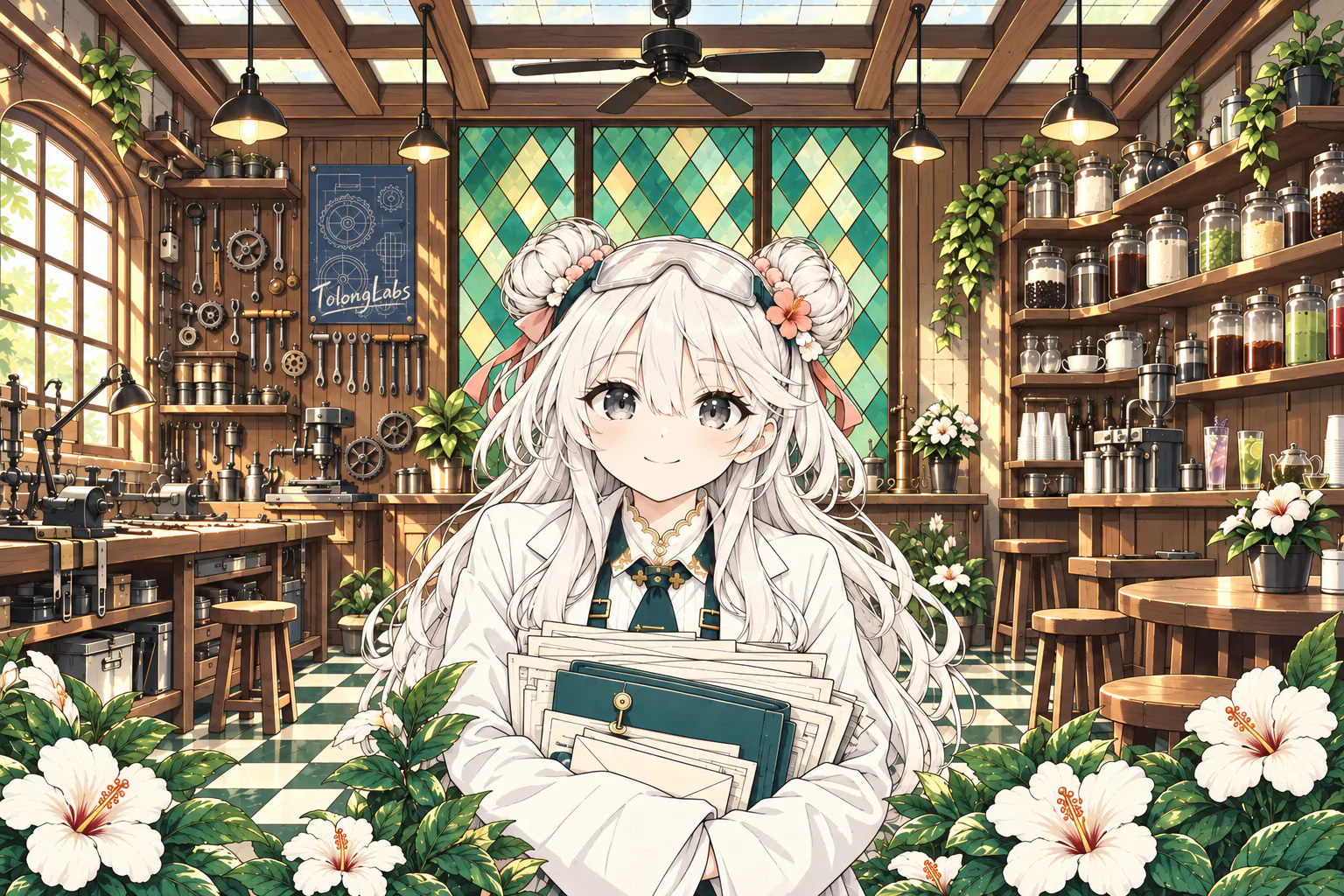 Taiga Tanya in the TolongLabs workshop, smiling, hugging a stack of paperwork.