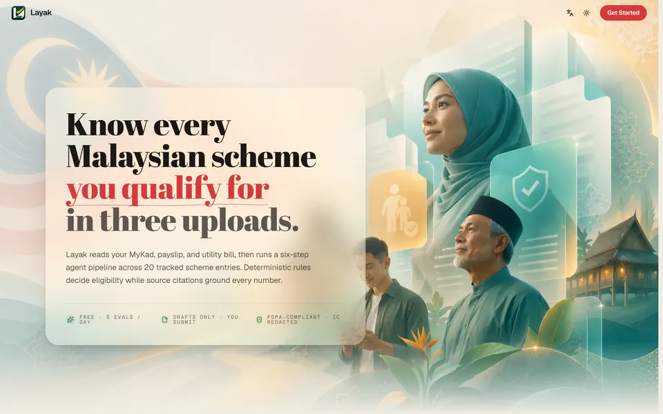Layak’s home page, live: “Know every Malaysian scheme you qualify for in three uploads.”