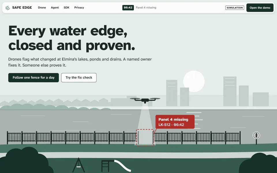Safe Edge’s home page, live: “Every water edge, closed and proven.”, a drone flagging a missing fence panel by a township lake